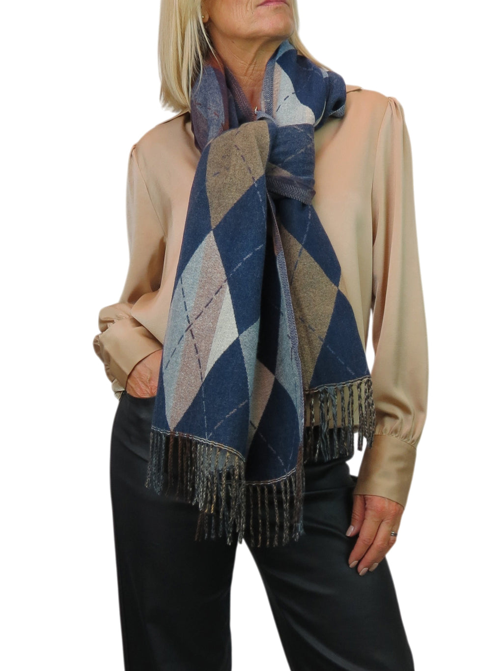 Wool Blend Argyle Pashmina Shawl Oversized Scarf Navy