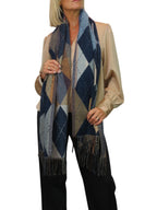 Wool Blend Argyle Pashmina Shawl Oversized Scarf Navy