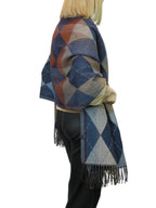 Wool Blend Argyle Pashmina Shawl Oversized Scarf Navy