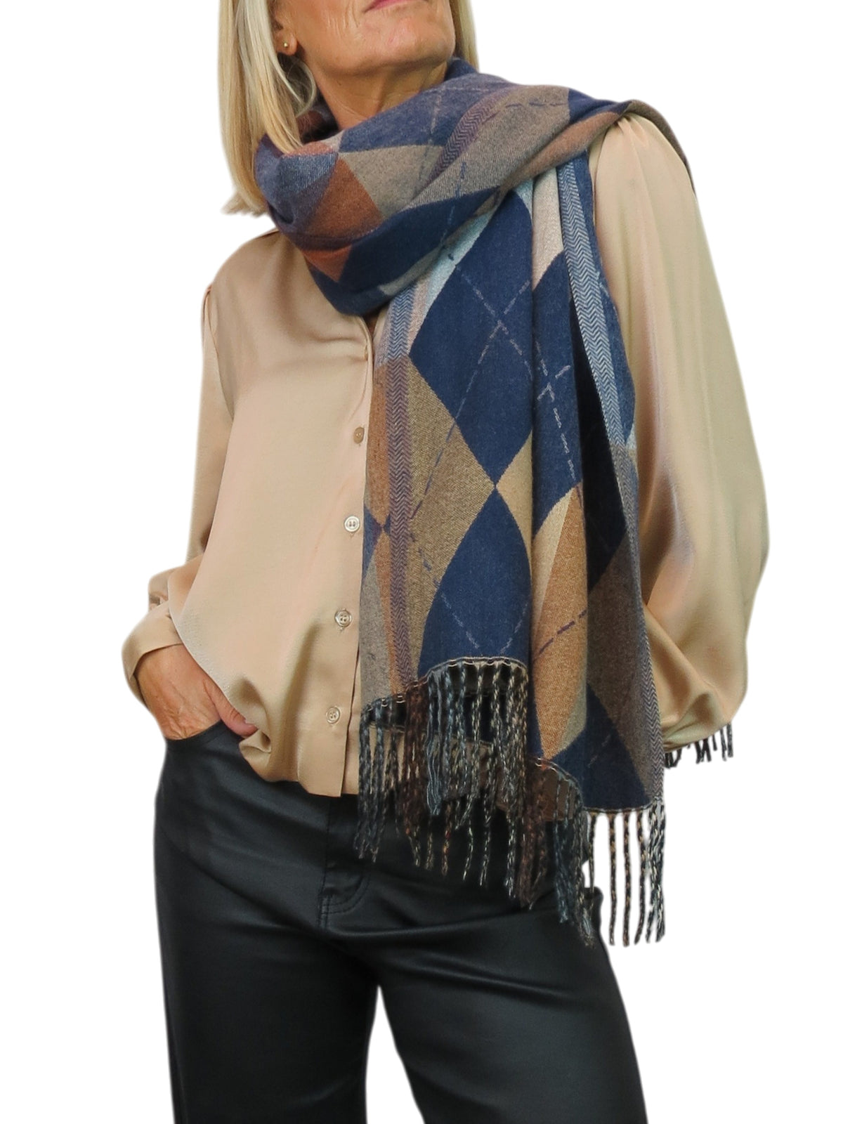Wool Blend Argyle Pashmina Shawl Oversized Scarf Navy