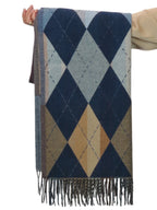 Wool Blend Argyle Pashmina Shawl Oversized Scarf Navy