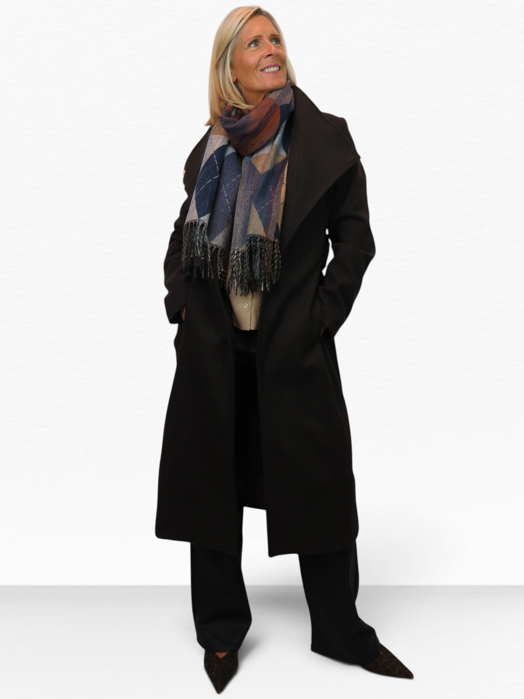 Wool Blend Argyle Pashmina Shawl Oversized Scarf Navy