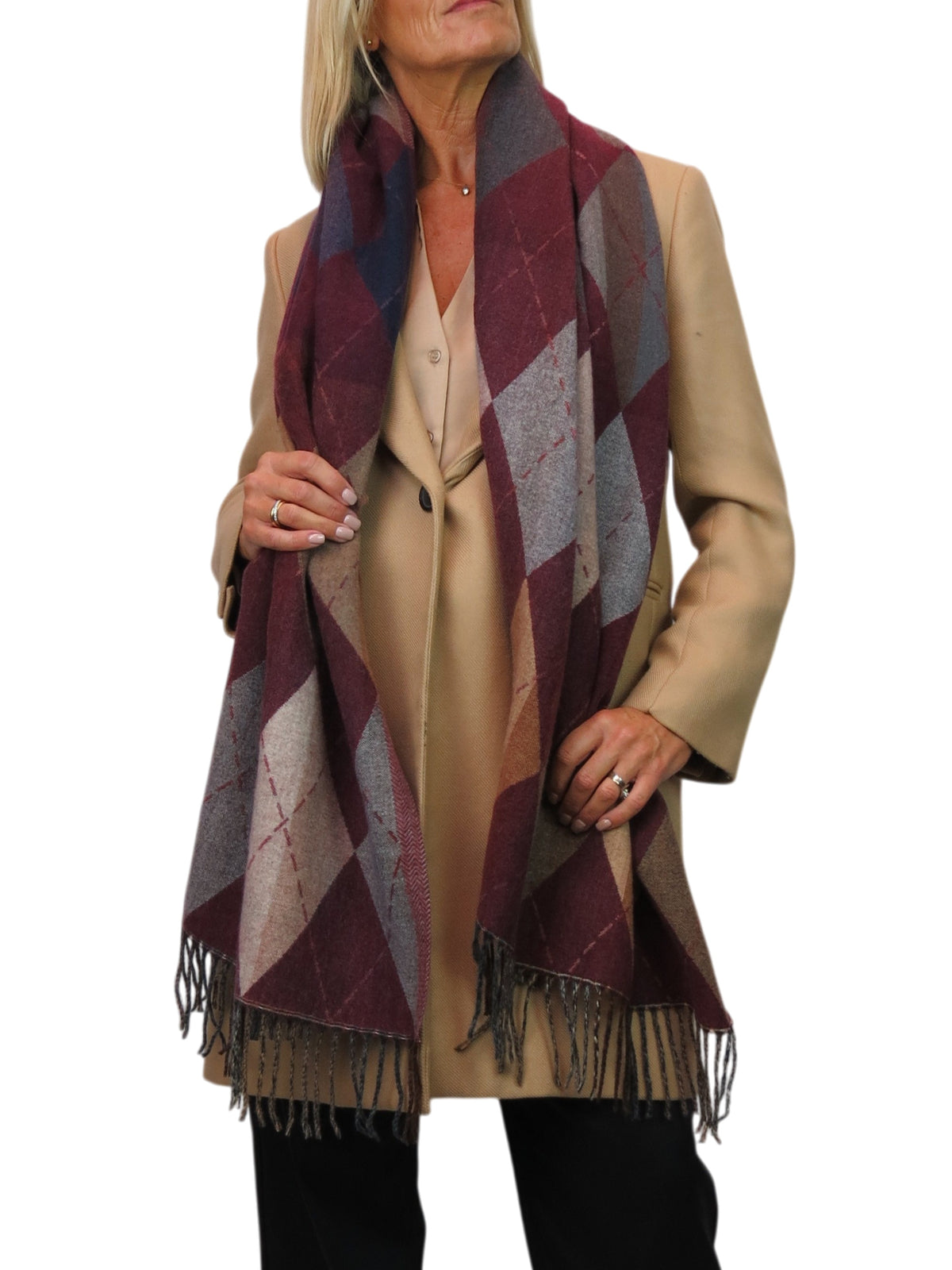 Wool Blend Argyle Pashmina Shawl Oversized Scarf Burgundy