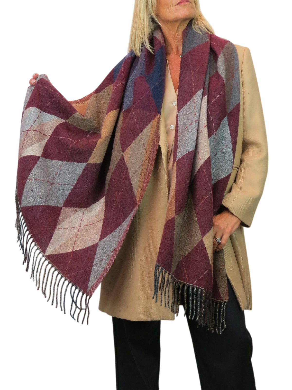 Wool Blend Argyle Pashmina Shawl Oversized Scarf Burgundy