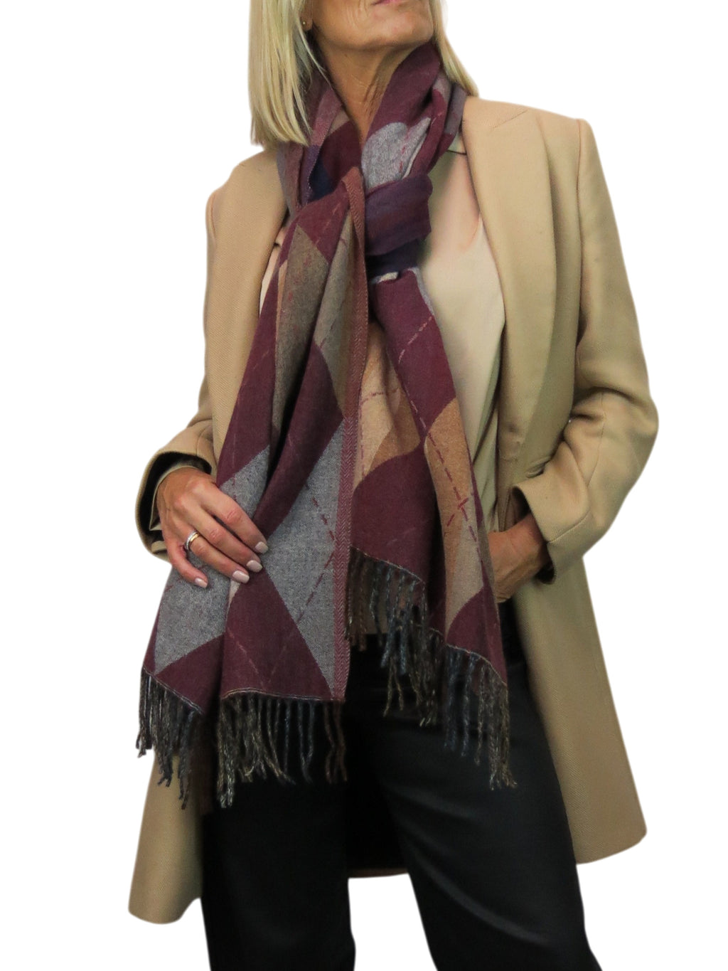 Wool Blend Argyle Pashmina Shawl Oversized Scarf Burgundy