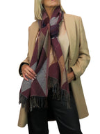 Wool Blend Argyle Pashmina Shawl Oversized Scarf Burgundy