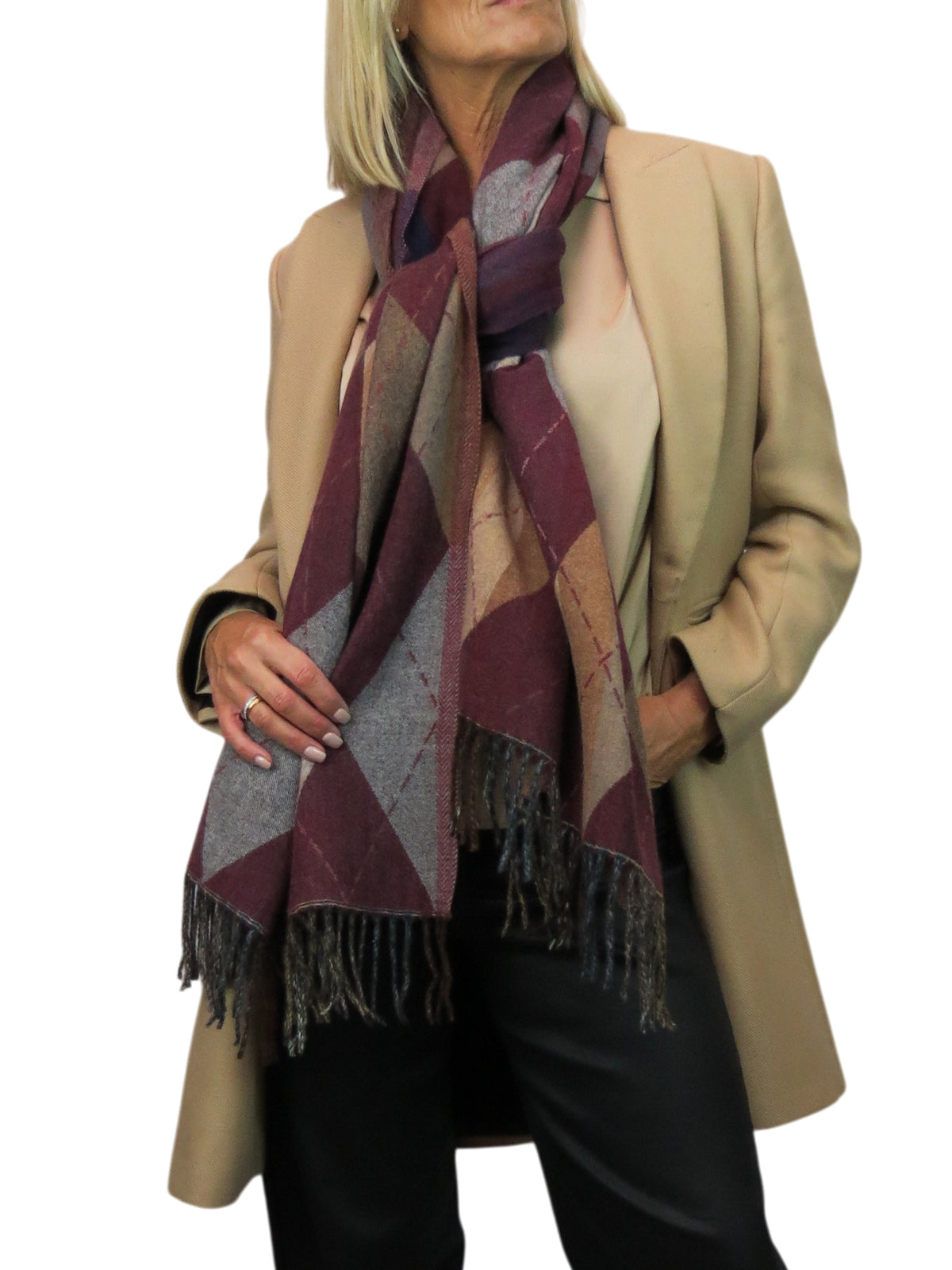 Wool Blend Argyle Pashmina Shawl Oversized Scarf Burgundy