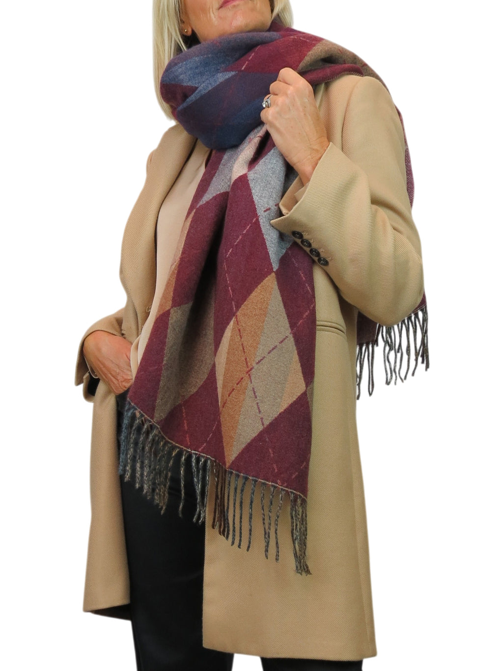 Wool Blend Argyle Pashmina Shawl Oversized Scarf Burgundy