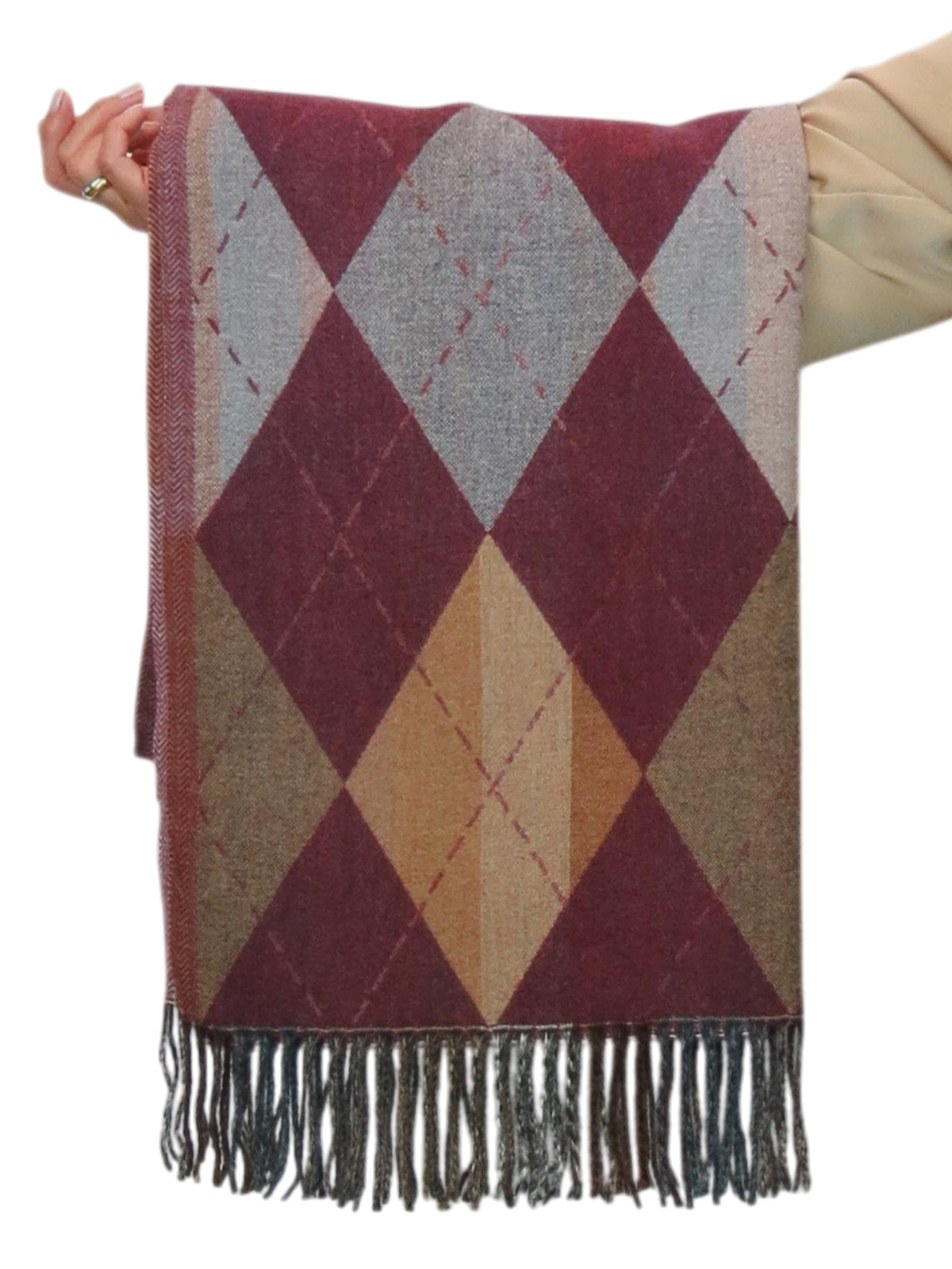 Wool Blend Argyle Pashmina Shawl Oversized Scarf Burgundy
