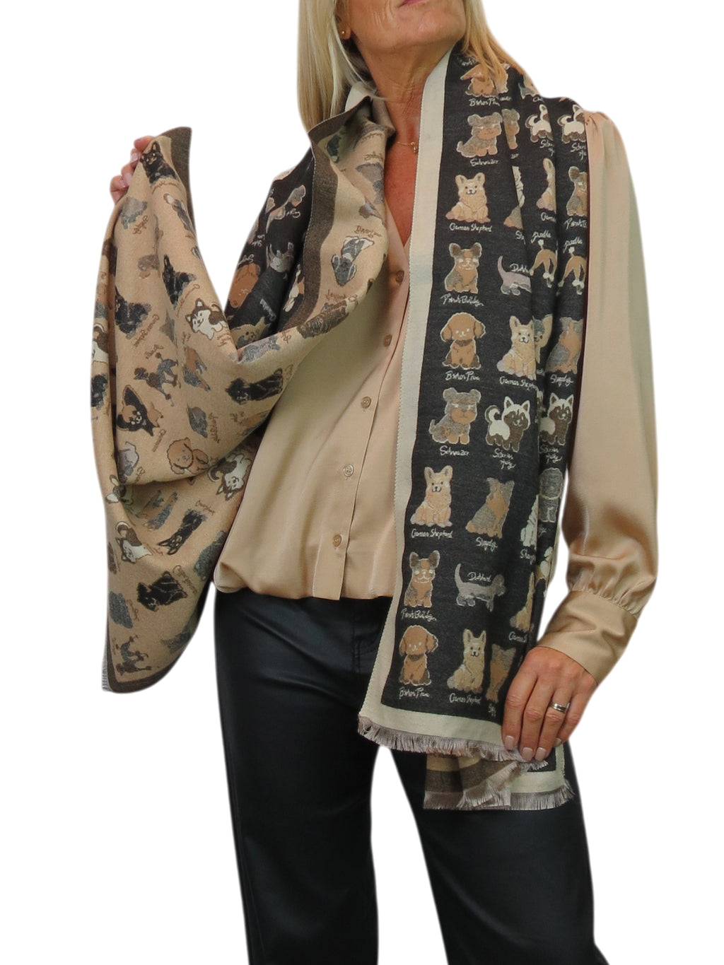 Cashmere Blend Dog Print Pashmina Scarf Dark Brown