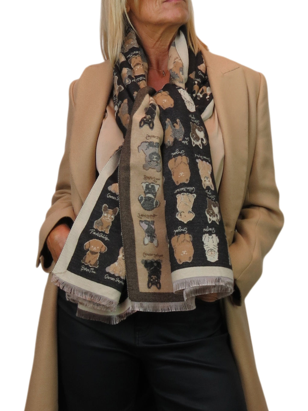 Cashmere Blend Dog Print Pashmina Scarf Dark Brown