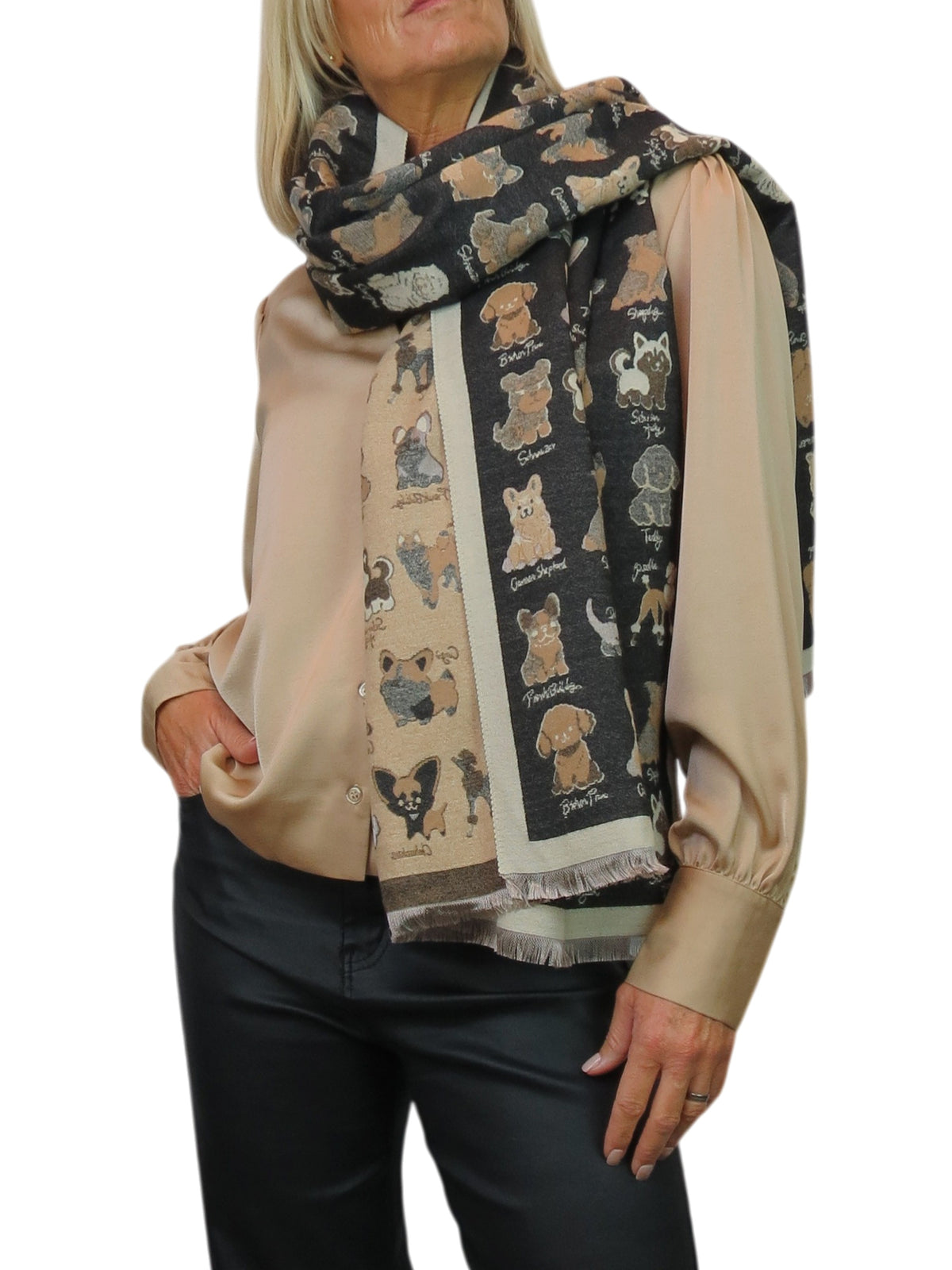 Cashmere Blend Dog Print Pashmina Scarf Dark Brown