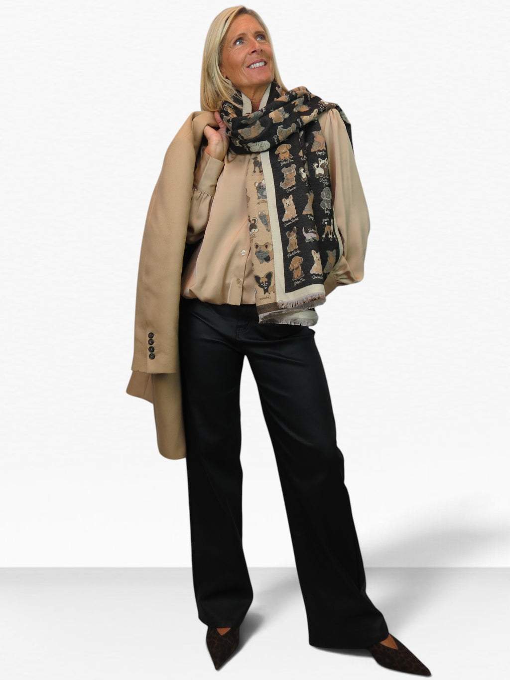 Cashmere Blend Dog Print Pashmina Scarf Dark Brown