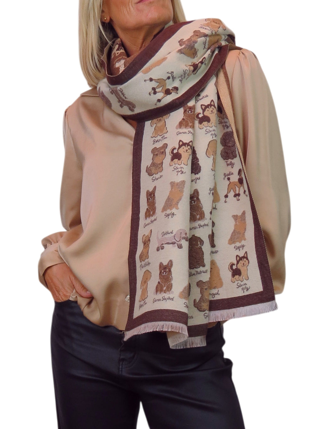 Cashmere Blend Dog Print Pashmina Scarf Beige