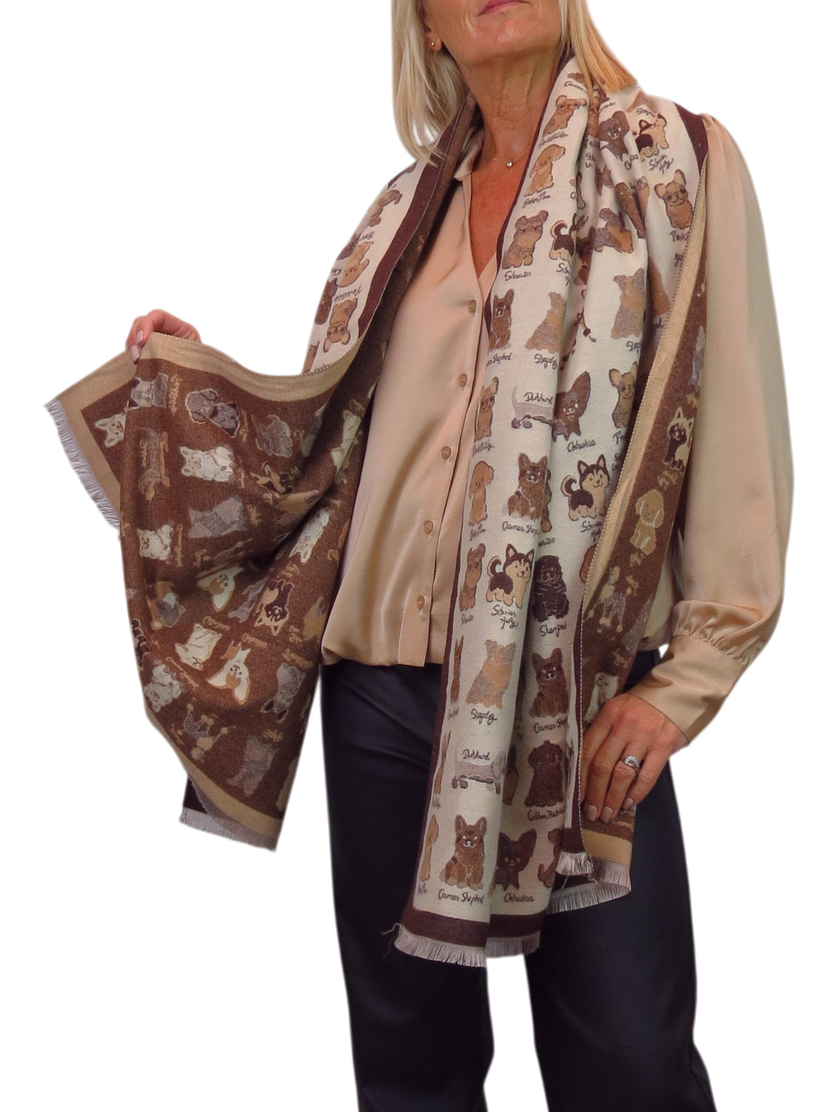 Cashmere Blend Dog Print Pashmina Scarf Beige