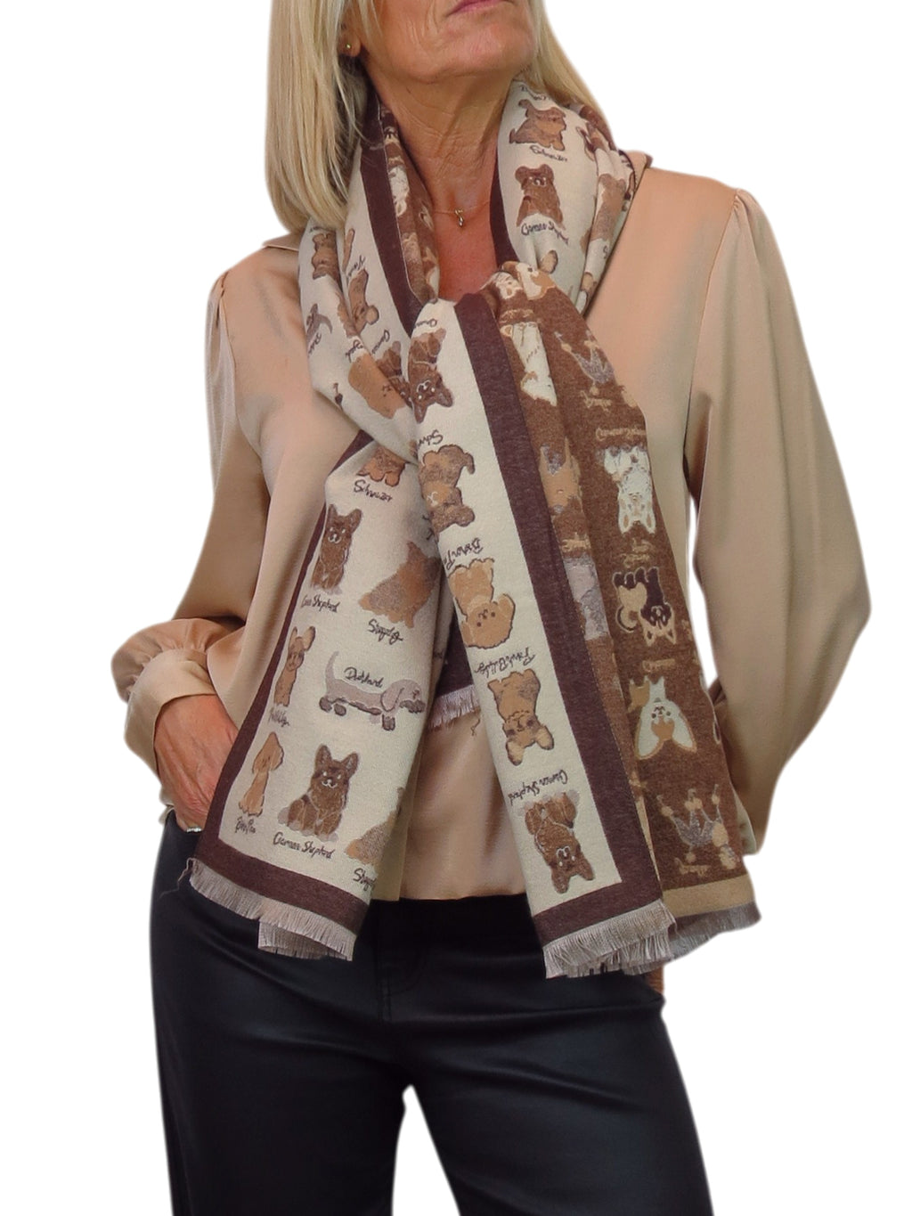 Cashmere Blend Dog Print Pashmina Scarf Beige