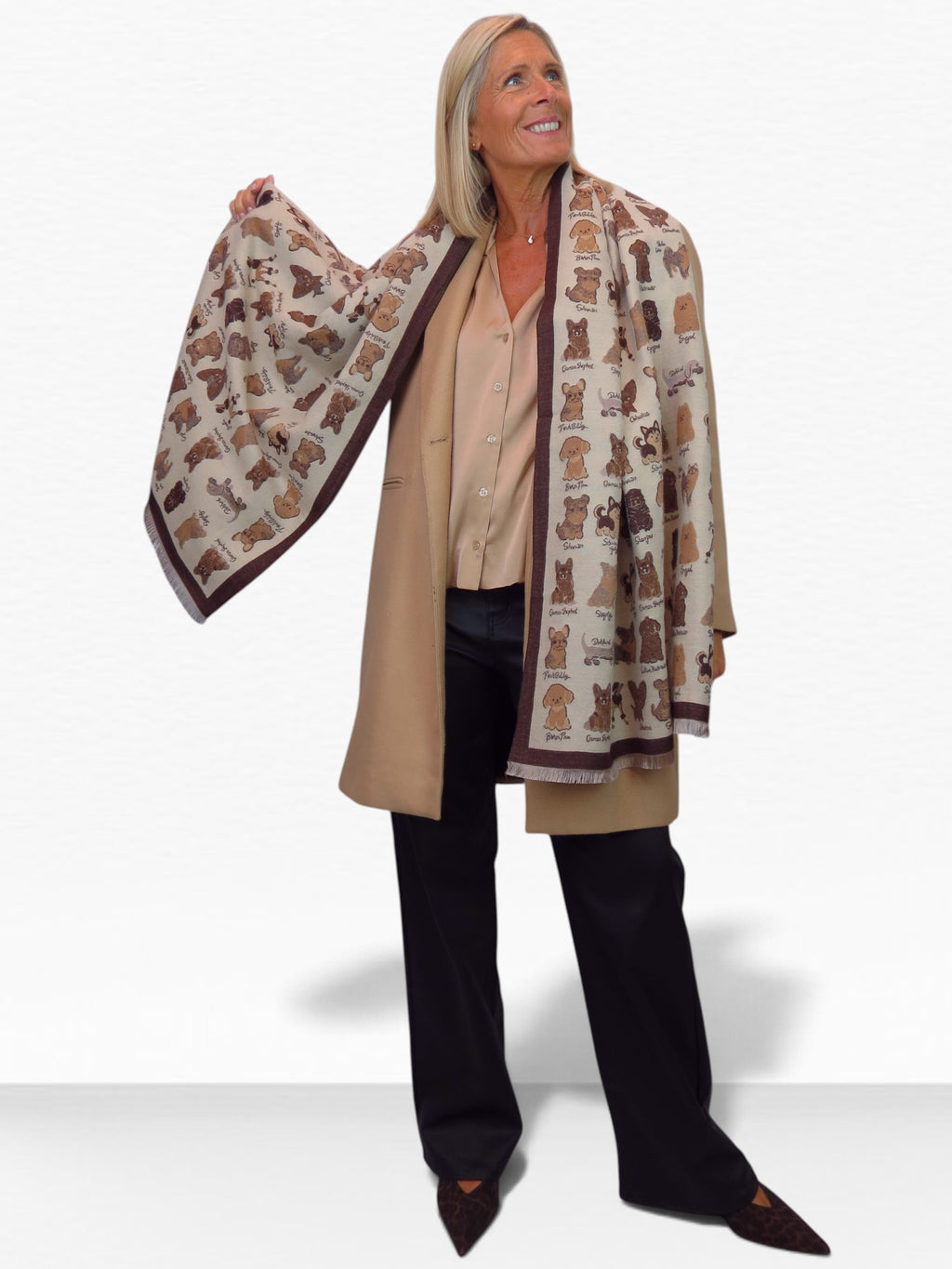 Cashmere Blend Dog Print Pashmina Scarf Beige