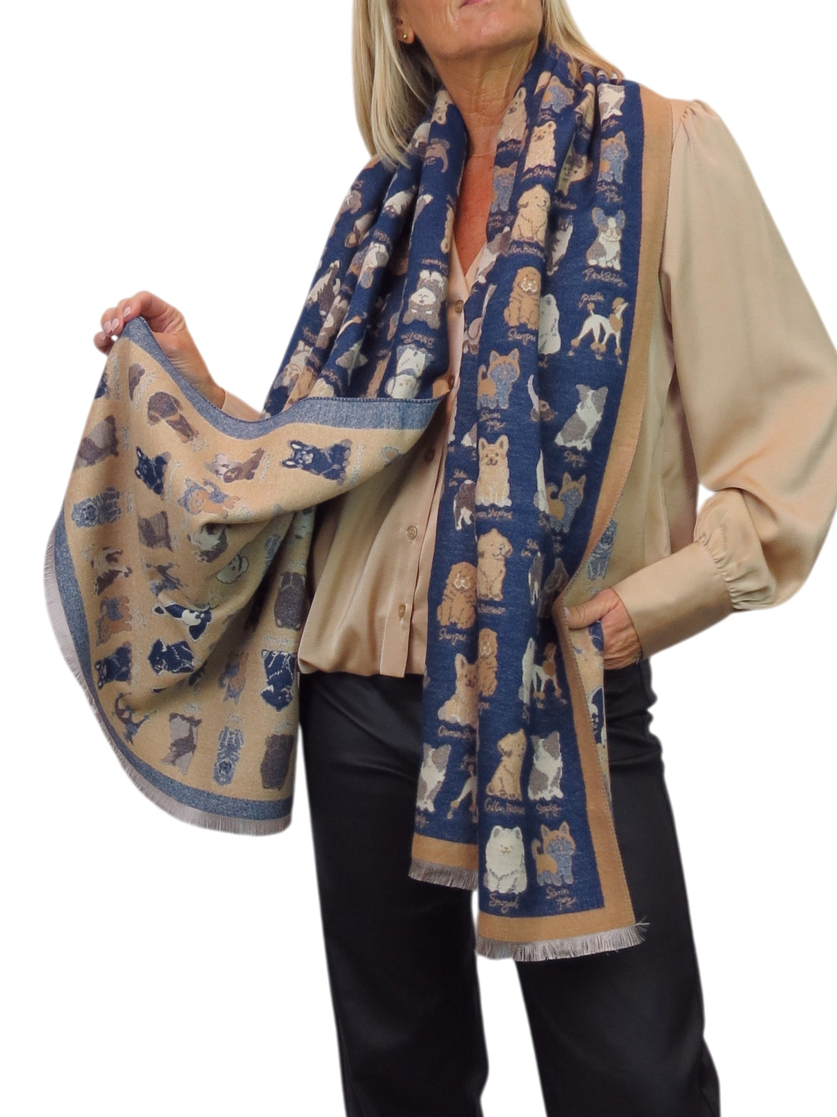 Cashmere Blend Dog Print Pashmina Scarf Navy Blue
