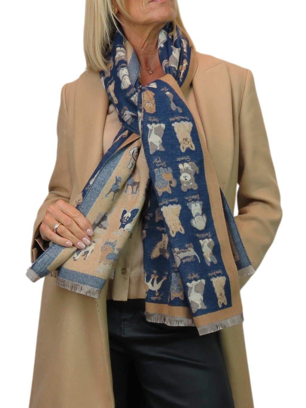 Cashmere Blend Dog Print Pashmina Scarf Navy Blue