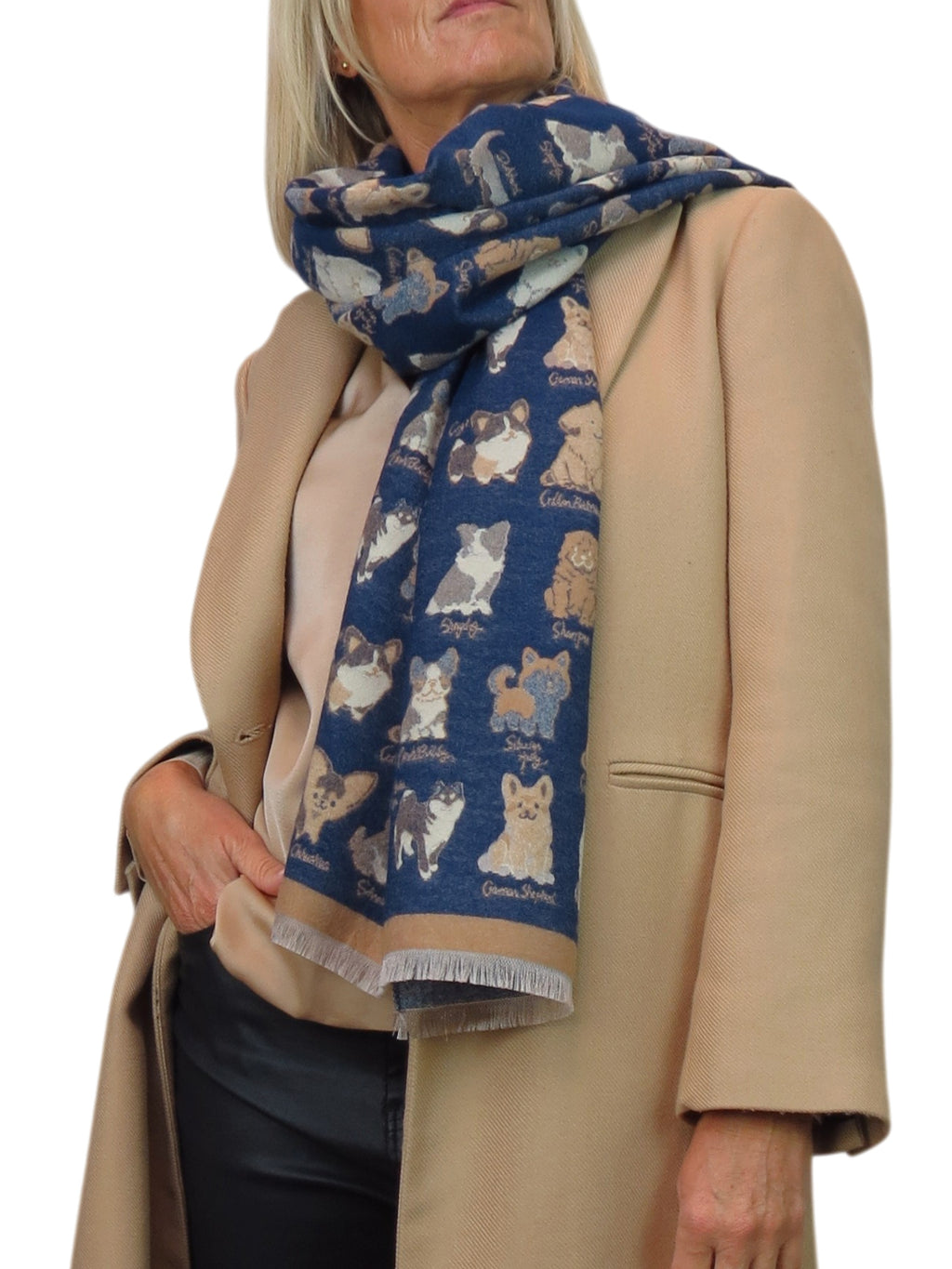 Cashmere Blend Dog Print Pashmina Scarf Navy Blue