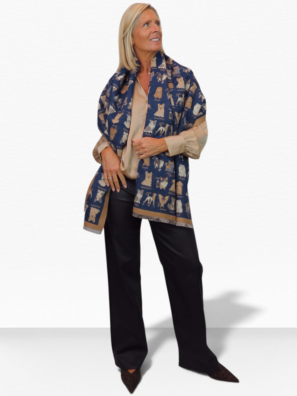Cashmere Blend Dog Print Pashmina Scarf Navy Blue