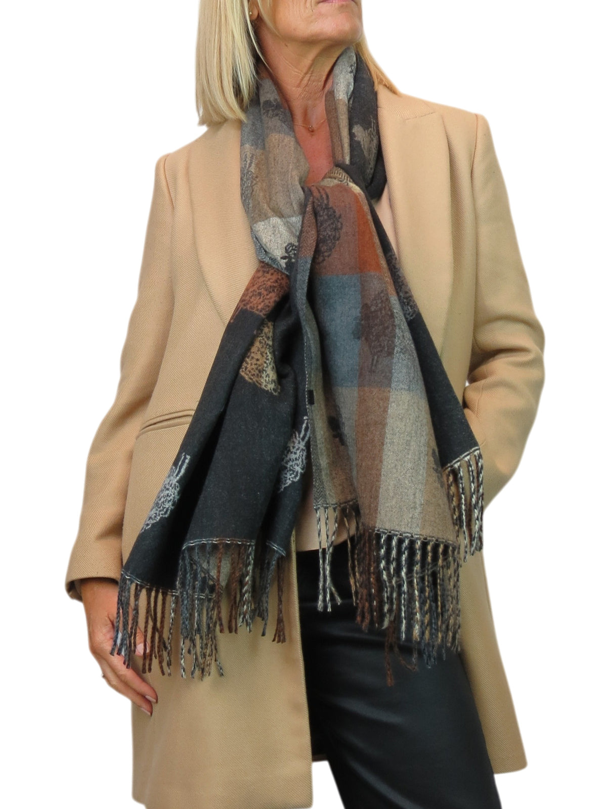 Wool Blend Reversible Sheep Print Pashmina Scarf Black /Brown