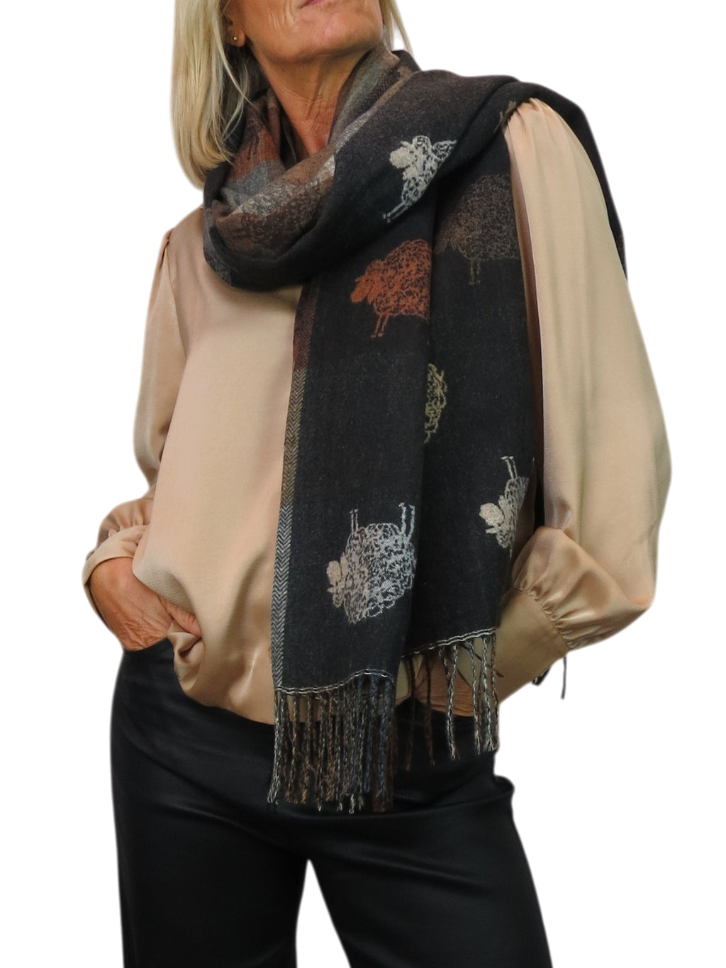 Wool Blend Reversible Sheep Print Pashmina Scarf Black /Brown
