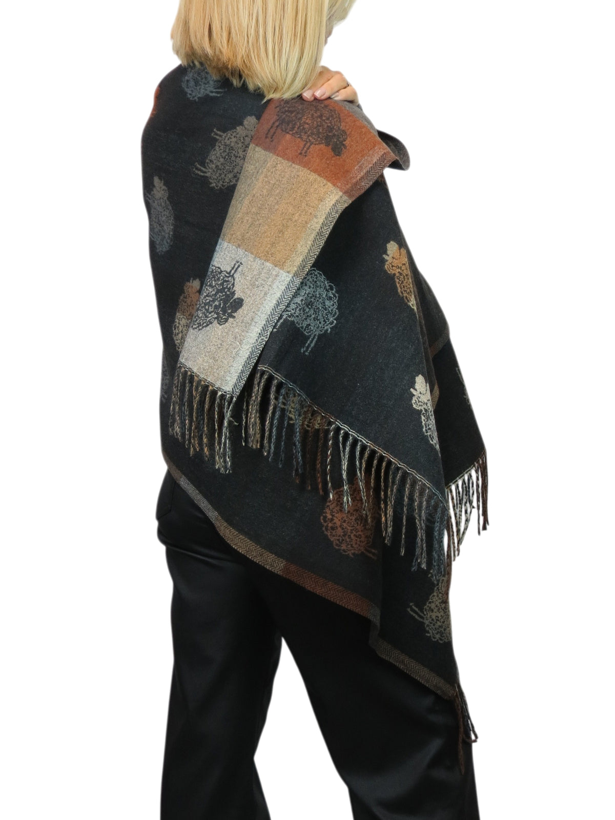 Wool Blend Reversible Sheep Print Pashmina Scarf Black /Brown