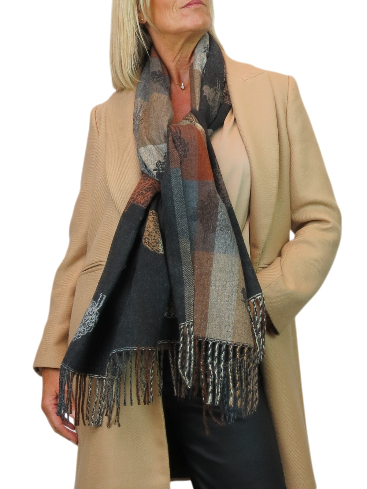 Wool Blend Reversible Sheep Print Pashmina Scarf Black /Brown