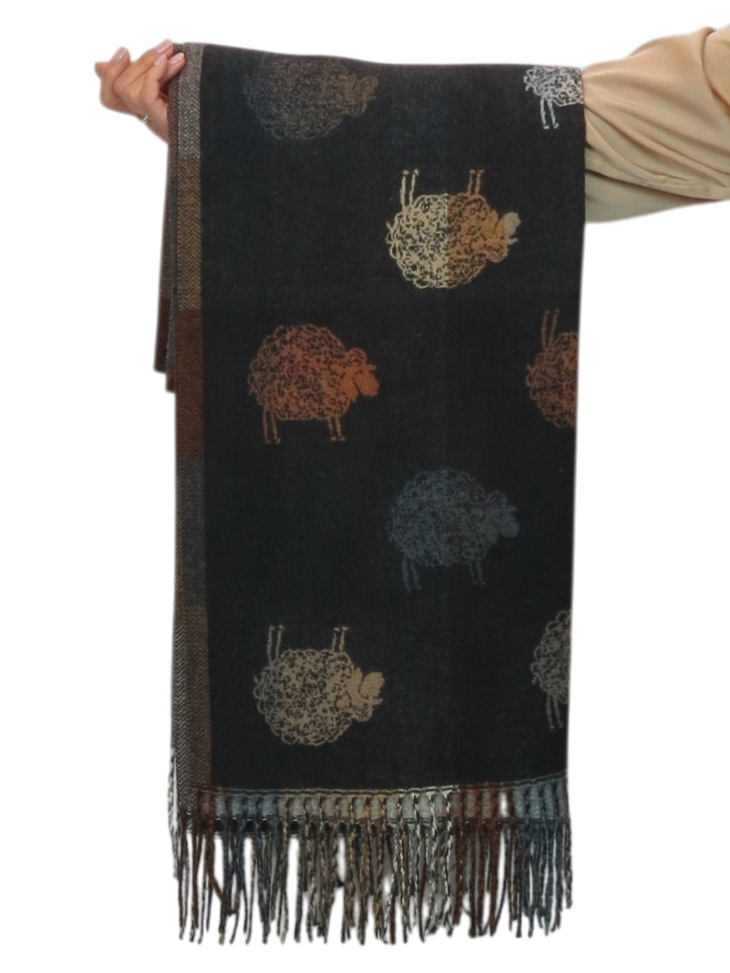 Wool Blend Reversible Sheep Print Pashmina Scarf Black /Brown