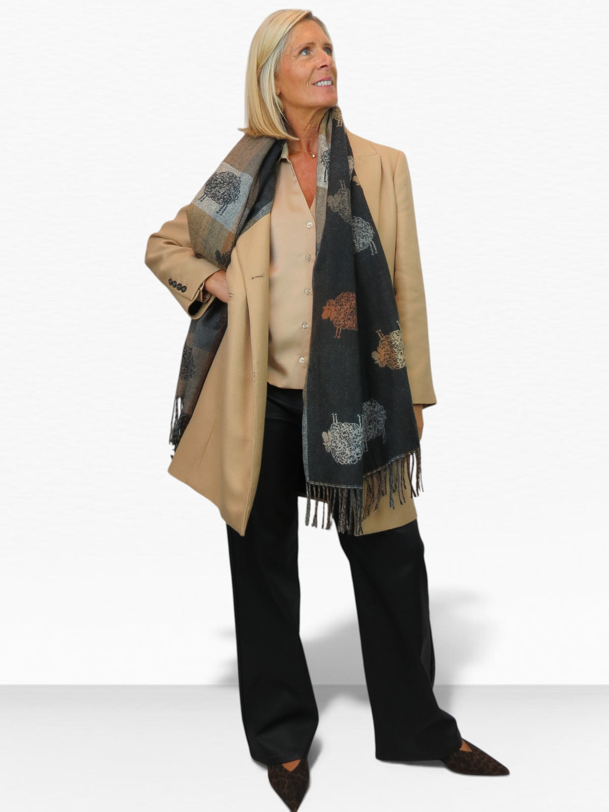 Wool Blend Reversible Sheep Print Pashmina Scarf Black /Brown