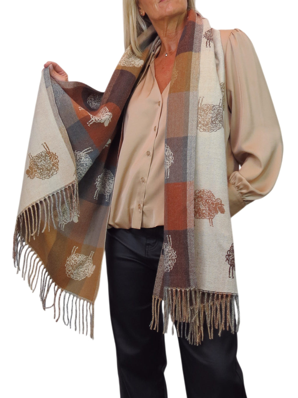 Wool Blend Reversible Sheep Print Pashmina Scarf Beige