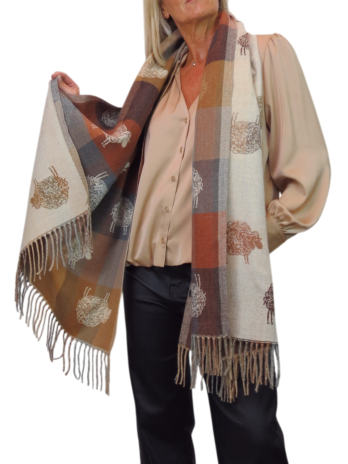 Wool Blend Reversible Sheep Print Pashmina Scarf Beige