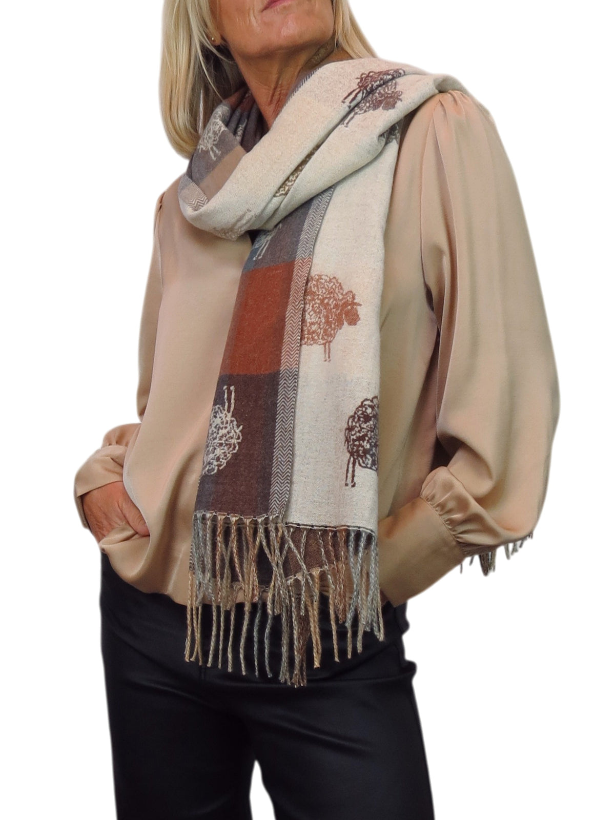 Wool Blend Reversible Sheep Print Pashmina Scarf Beige