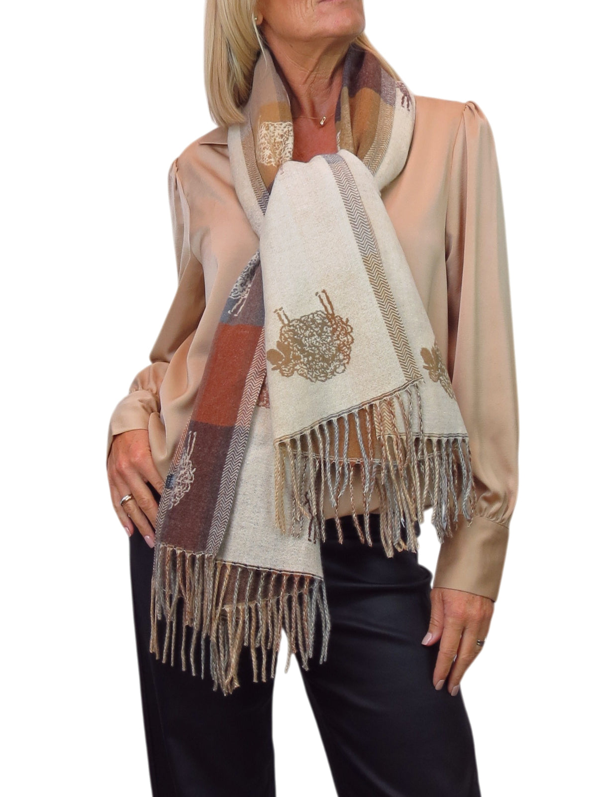 Wool Blend Reversible Sheep Print Pashmina Scarf Beige