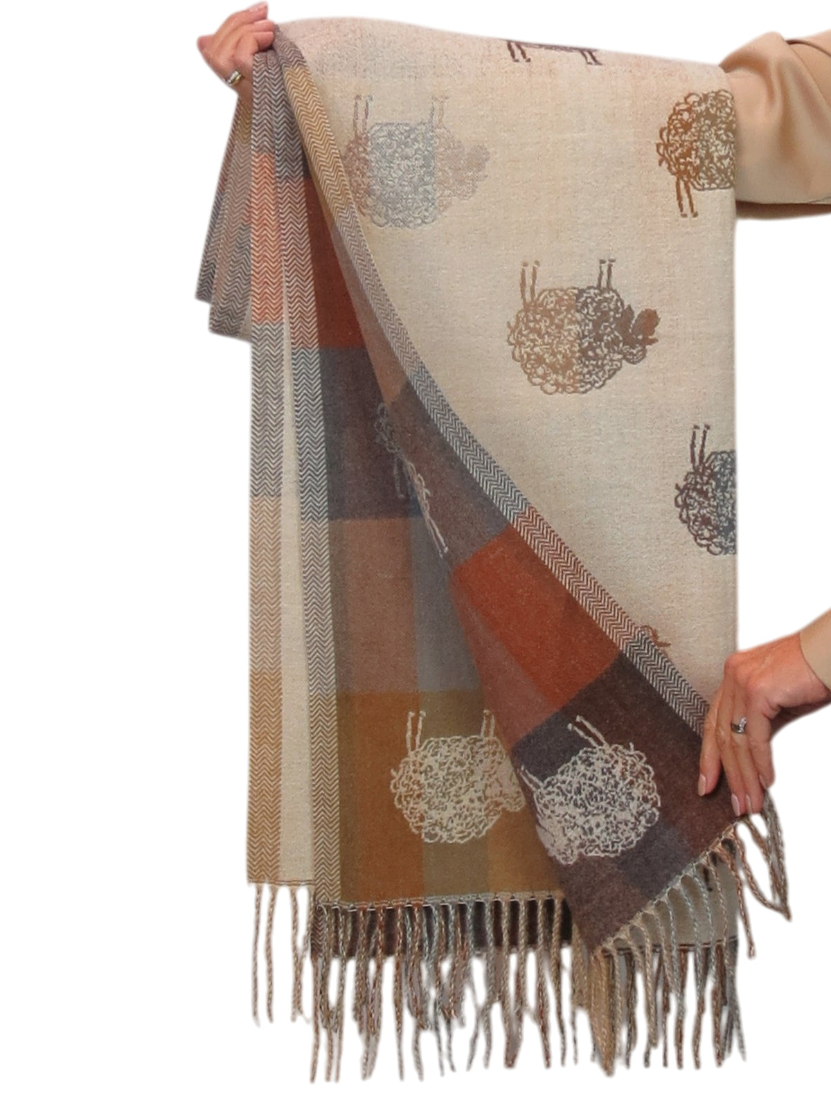 Wool Blend Reversible Sheep Print Pashmina Scarf Beige
