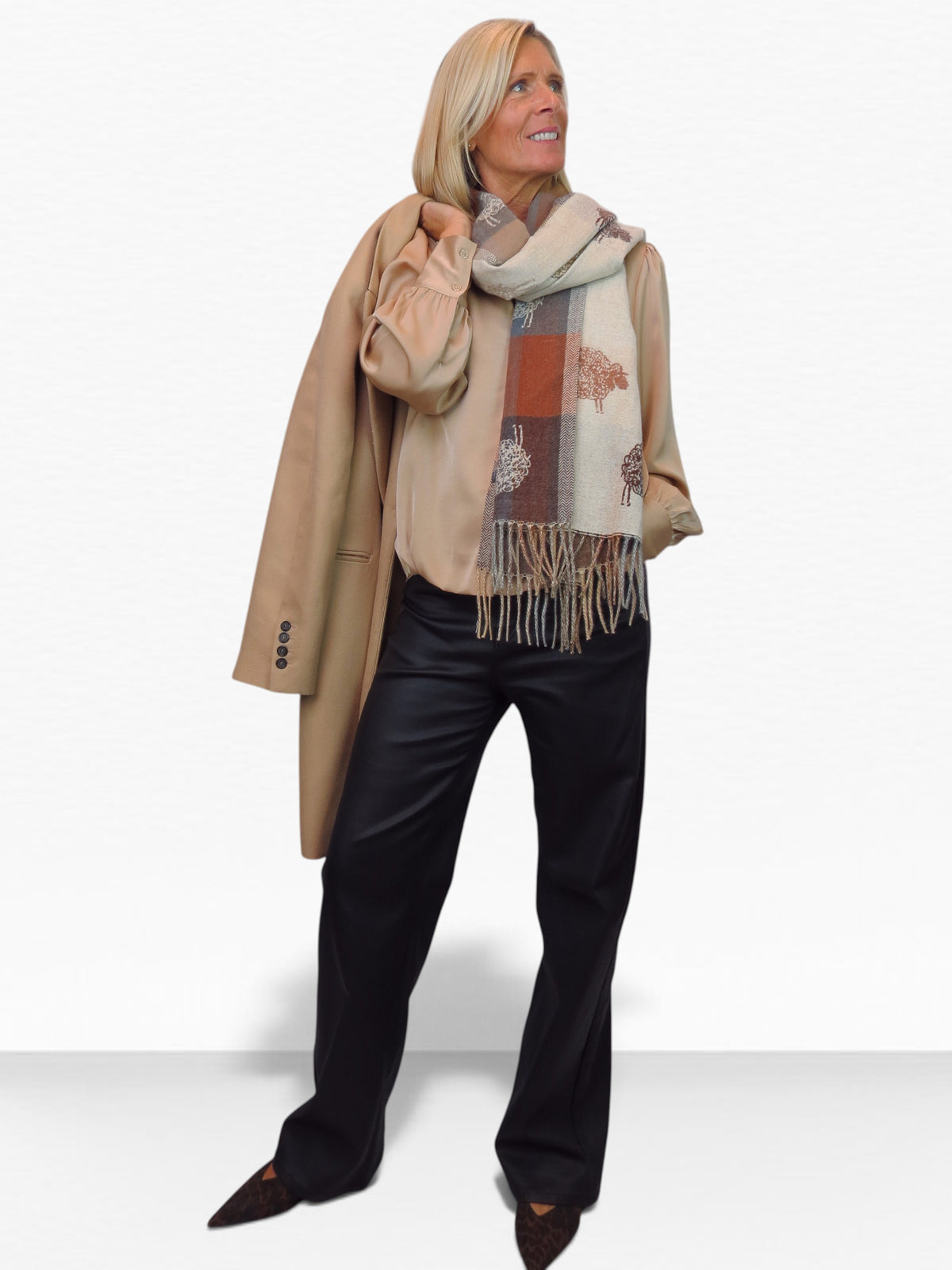 Wool Blend Reversible Sheep Print Pashmina Scarf Beige