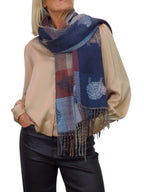 Wool Blend Reversible Sheep Print Pashmina Scarf Navy Blue