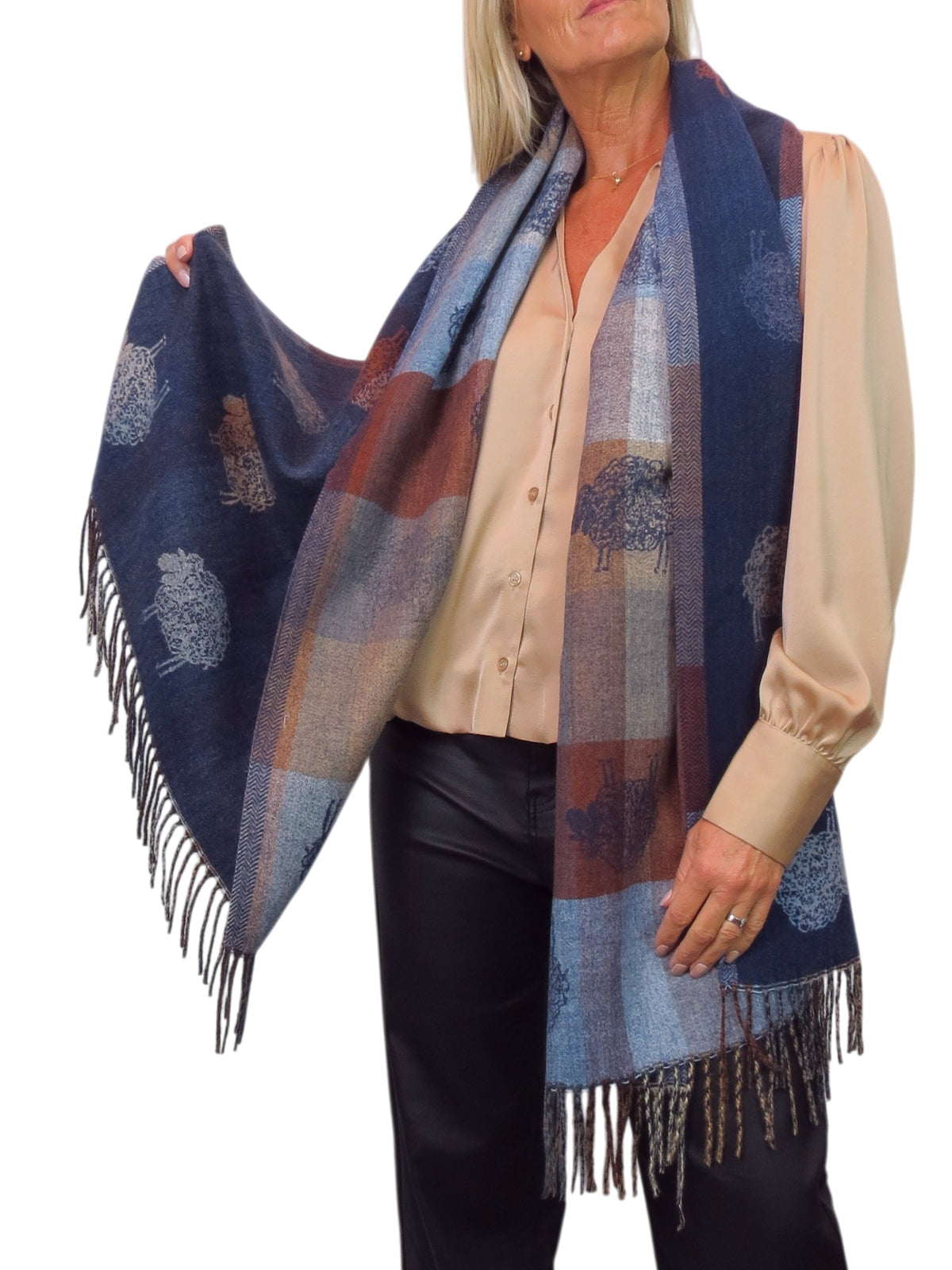 Wool Blend Reversible Sheep Print Pashmina Scarf Navy Blue