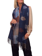 Wool Blend Reversible Sheep Print Pashmina Scarf Navy Blue