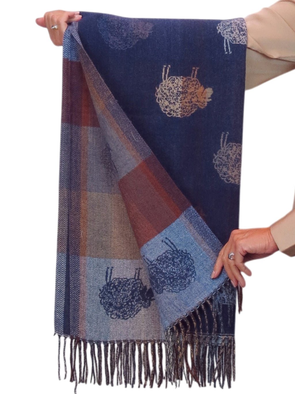 Wool Blend Reversible Sheep Print Pashmina Scarf Navy Blue