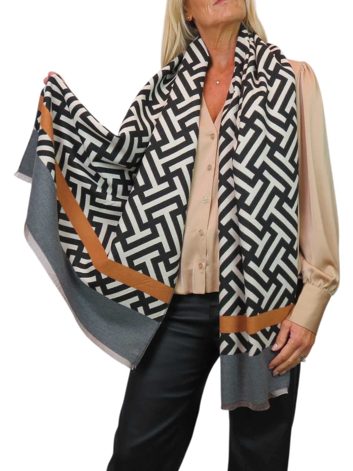 Cashmere Blend Geometric Pashmina Scarf Reversible Black