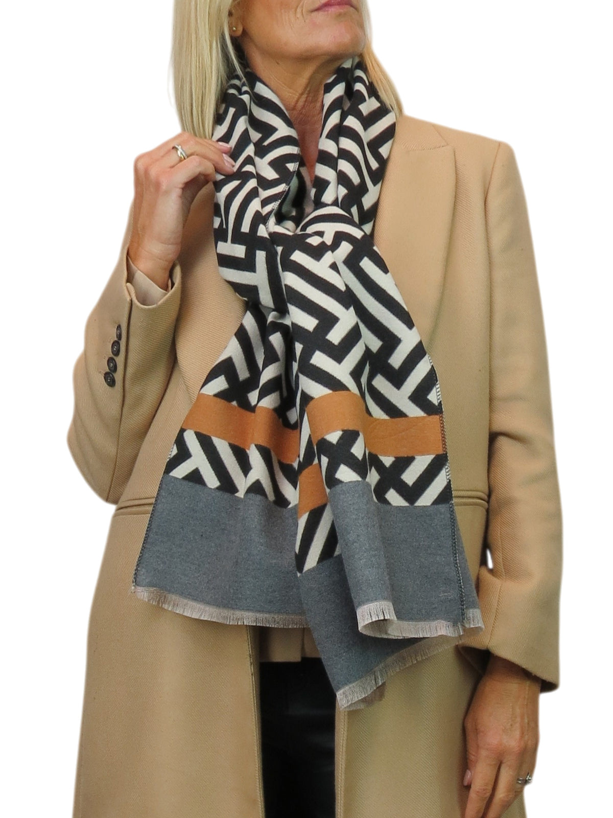 Cashmere Blend Geometric Pashmina Scarf Reversible Black