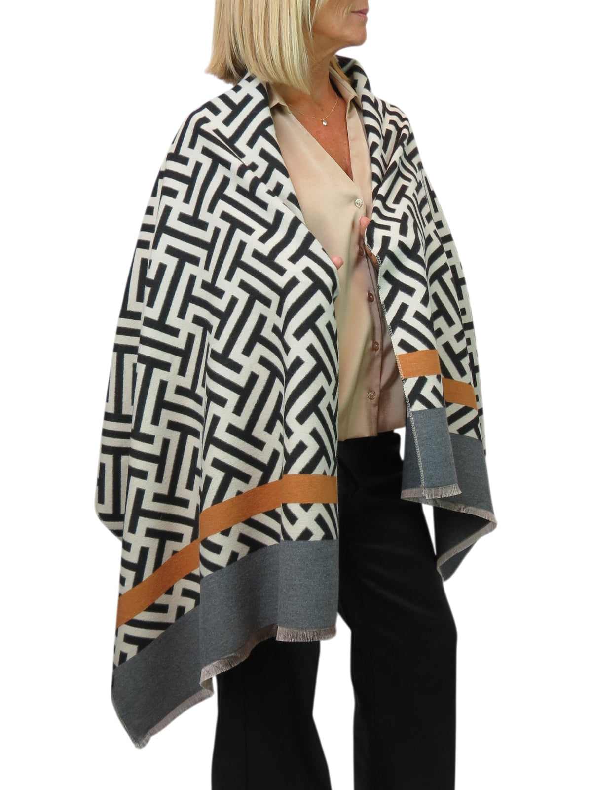 Cashmere Blend Geometric Pashmina Scarf Reversible Black