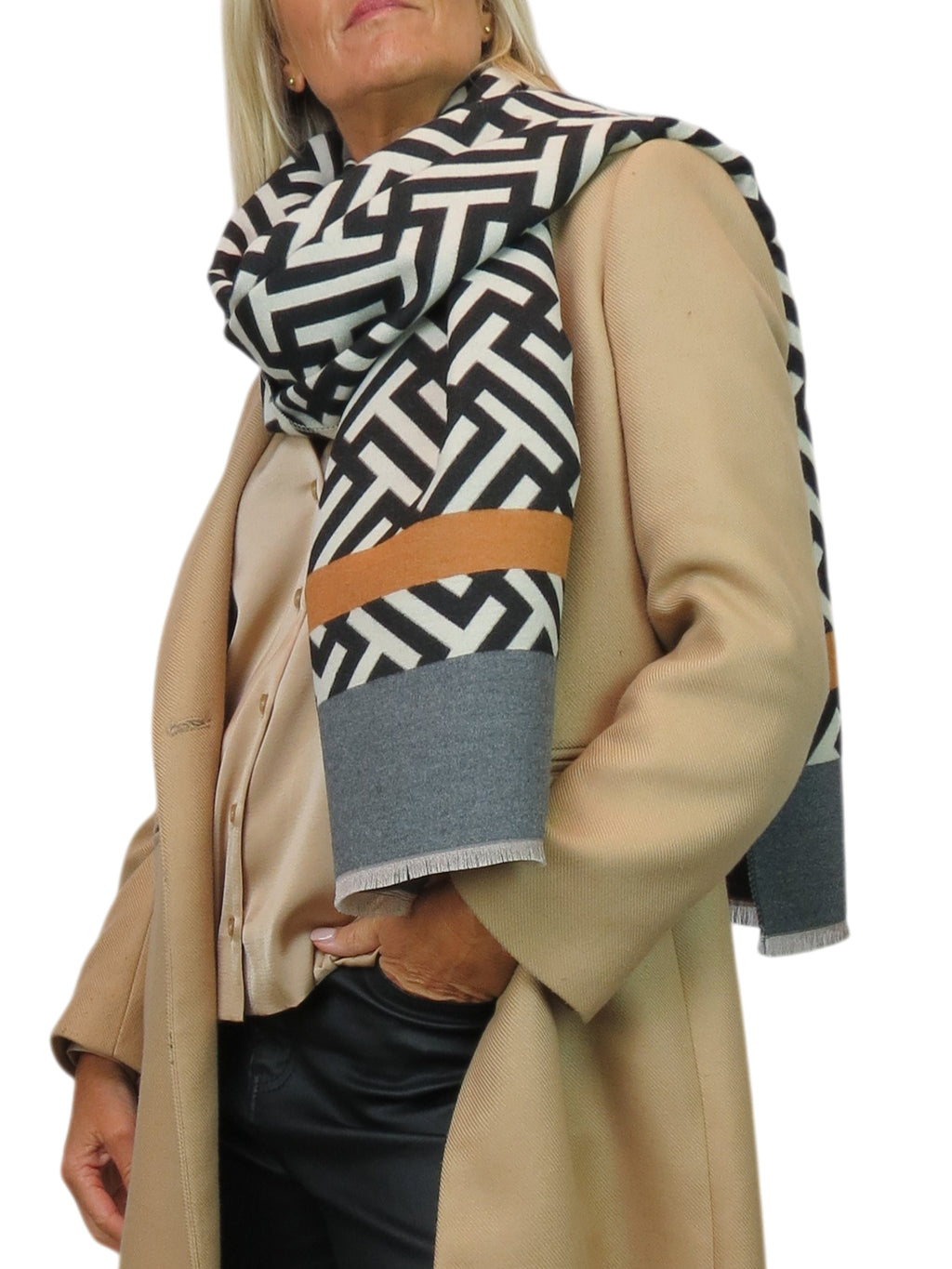 Cashmere Blend Geometric Pashmina Scarf Reversible Black