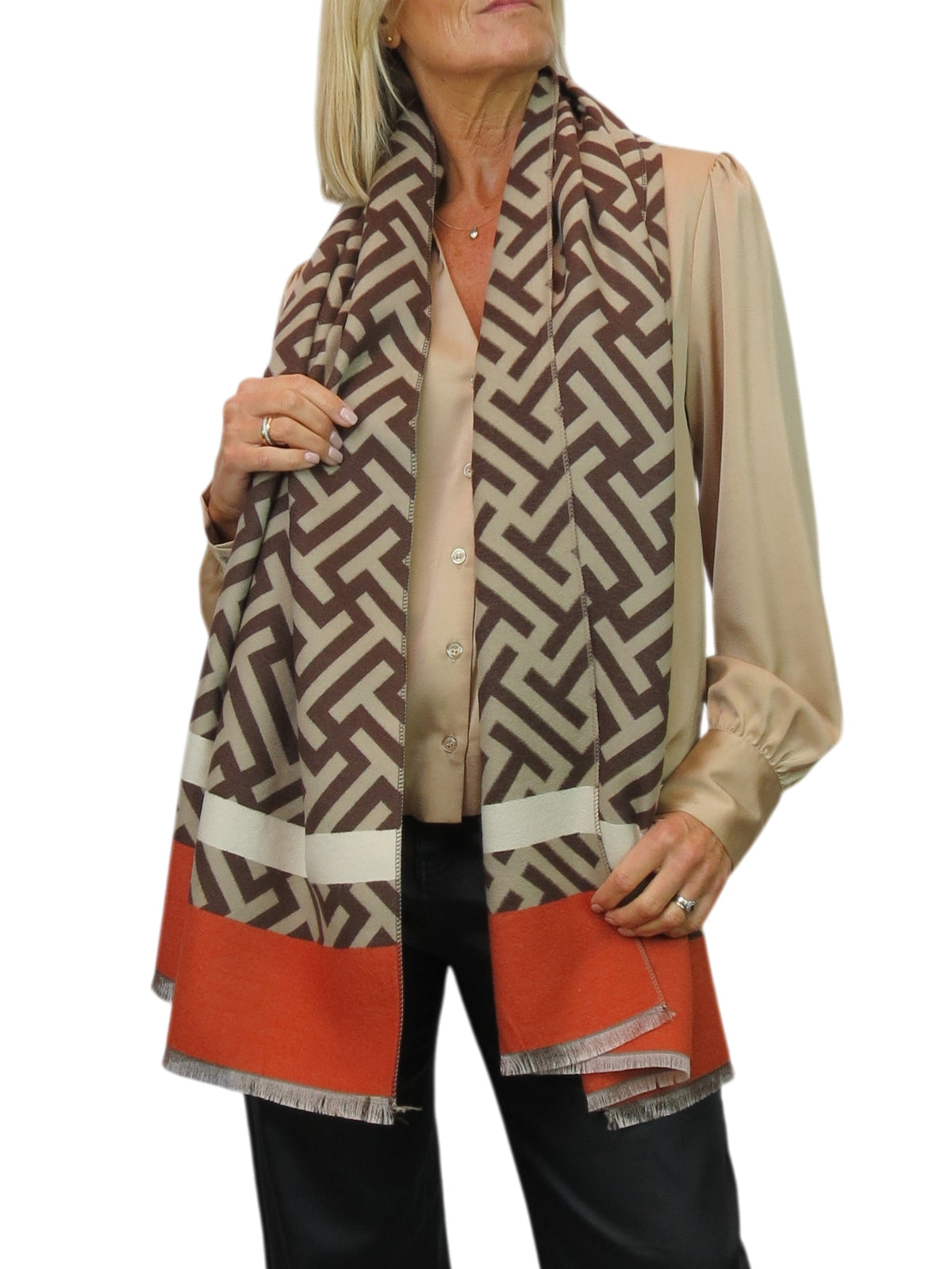 Cashmere Blend Geometric Pashmina Scarf Reversible Tan