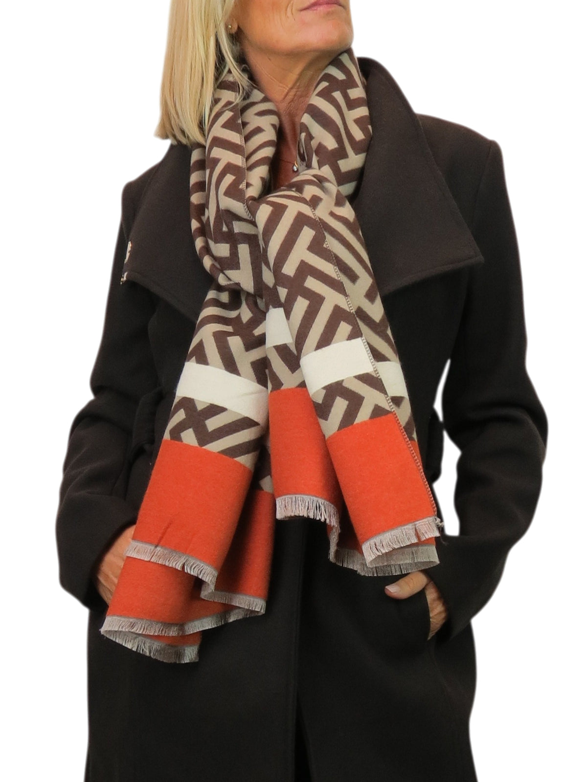 Cashmere Blend Geometric Pashmina Scarf Reversible Tan