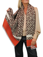 Cashmere Blend Geometric Pashmina Scarf Reversible Tan