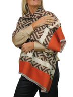 Cashmere Blend Geometric Pashmina Scarf Reversible Tan
