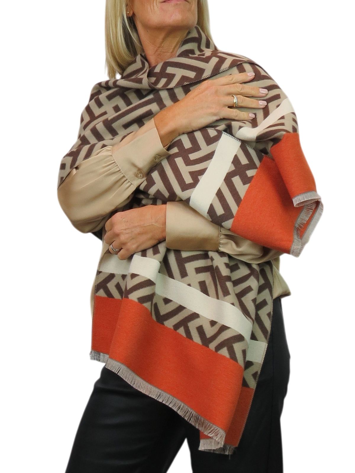 Cashmere Blend Geometric Pashmina Scarf Reversible Tan